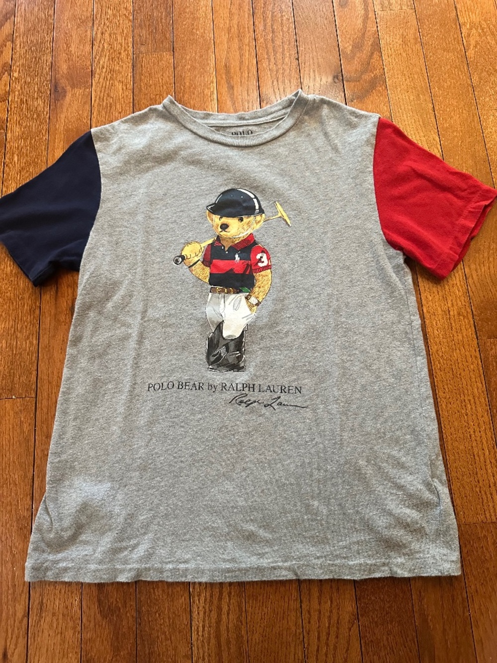 Polo Ralph Lauren Boys Polo Bear T-Shirt Gray Red Blue Size M 10/12